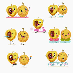 marula fruit cute funny cheerful characters. Vector hand drawn  illistration.