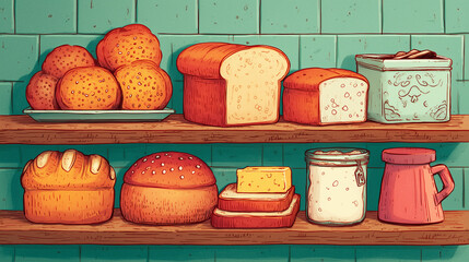 illustration of fresh bread on rustic wooden shelves — suitable for packaging design, culinary editorials, or farm-to-table themed graphics