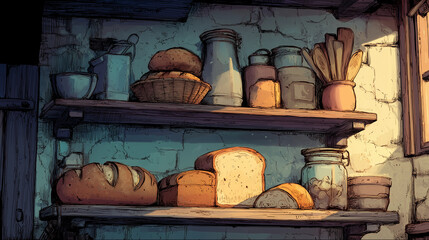 illustration of fresh bread on rustic wooden shelves — suitable for packaging design, culinary editorials, or farm-to-table themed graphics
