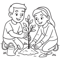 Kids Planting a Tree Together - Cute Environmental Activity Line Art for Coloring and Education