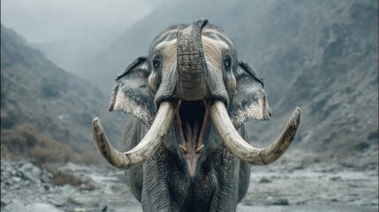 Fototapeta premium Close-up of roaring prehistoric elephant with huge tusks in barren rocky landscape perfect for wildlife reimagining, paleontology visuals and extinct animal storytelling concepts