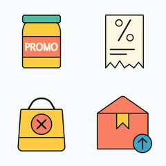 Colorful Ecommerce Icon Set Featuring Promotion Container, Percentage Receipt, Shopping Bag with Cross, and Parcel