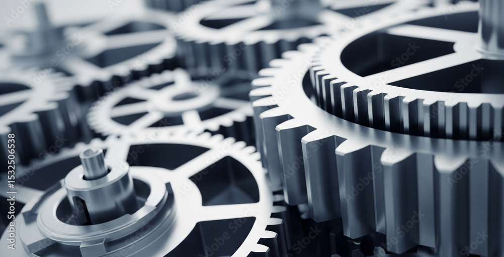 Poster close-up of interlocking metal gears, showcasing intricate detail and precise engineering, symbolizi