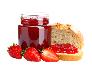 Sweet Strawberry Delights: A close-up studio shot reveals a jar of vibrant strawberry jam, complemented by fresh.