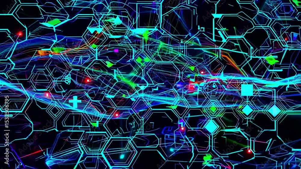 Poster futuristic digital geometric pattern with neon blue lines and abstract technology, glowing hexagons,