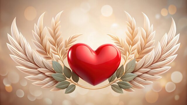 Two red hearts merged into a single symbol with intertwined wings and leaves surrounding them, set against a soft pastel background, evoking love and unity , heart, symbol