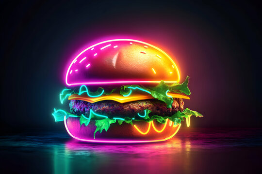 Neon glowing burger with cheeseburger, lettuce, and bun on dark background