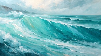 Fototapeta premium Ocean Waves Crashing A Stunning Teal Seascape Painting, Captivating Turquoise Waters, Dramatic Coastal Scene, Powerful Nature Artwork