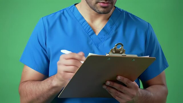 Health Professional Taking Notes in Scrubs with Green Screen Background in Medical Setting
