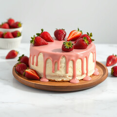 Strawberry Drip Cake on White Marble Surface