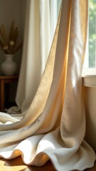 White curtain is hanging in front of a window. The curtain is long and has a pattern on it