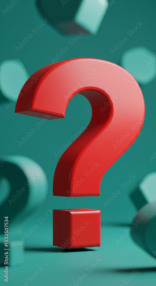 Poster red question mark 3d render on teal background, surrounded by blurred teal cubes, symbolizes inquiry