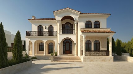 Mediterranean villa, sunny day, landscaped yard, luxury home, real estate