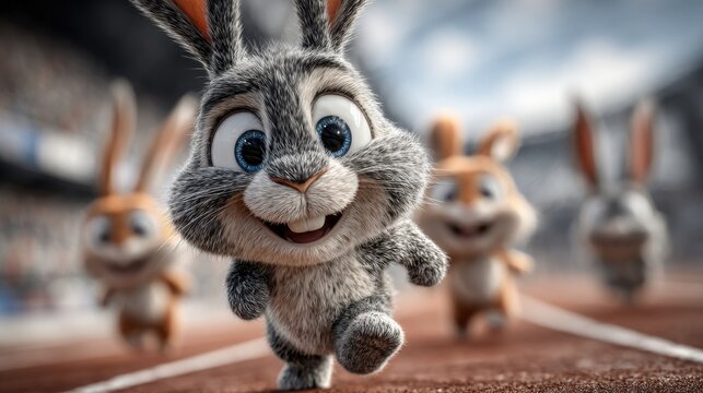 Playful 3D animated bunny racing on a track with happy expression and soft fur in a stadium scene perfect for kids entertainment, cartoon competition visuals and character design