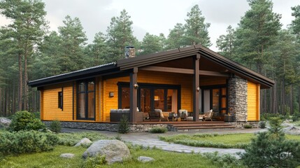 Modern wooden cabin in forest, exterior view.  Possible use stock photo for real estate, vacation rentals, or architecture