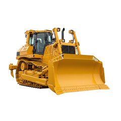 Fototapeta premium Yellow bulldozer on isolated black background - construction equipment transparent PNG