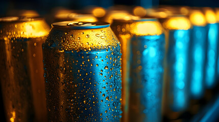 Refreshing cold beverage cans with dew in dim light