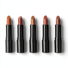 Obraz premium Set of lipsticks in different shades lined up, showcasing variety of warm tones and textures. These vibrant colors are perfect for enhancing any makeup look and expressing individual style