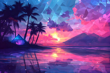 Tropical sunset on a geometric shore with palm trees and vibrant sky reflections