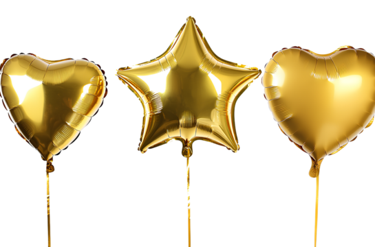 3 golden star-shaped, heart-shaped, and balloon-shaped foil balloons isolated on a white background. - 