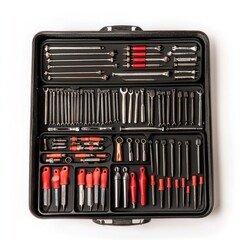 Comprehensive toolbox filled with various tools including wrenches, screwdrivers, and fasteners, organized neatly for easy access and efficiency. This conveys sense of readiness for any repair