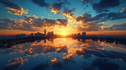 Naklejka premium City skyline sunset reflection tranquil lake. Possible use stock photo