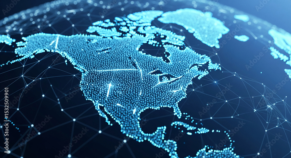 Poster north america map digital rendering, glowing blue nodes and lines, illustrating global network conne