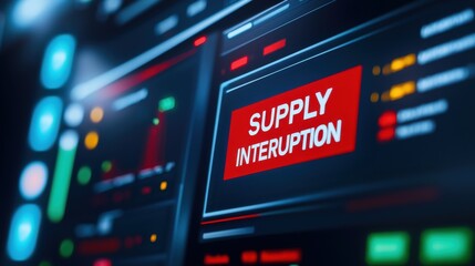 Geopolitical Tensions Effects Concepts. A digital display panel showing a red alert message reading "SUPPLY INTERRUPTION" amidst futuristic interface elements.