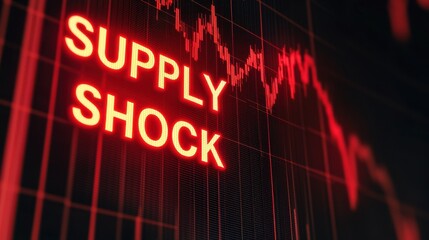 Geopolitical Tensions Effects Concepts. Bright red digital text "SUPPLY SHOCK" displayed on a dark financial graph background symbolizing economic disruption.