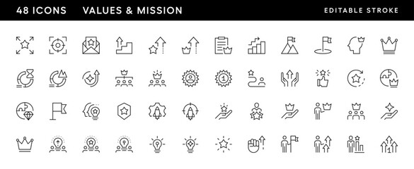 Values and mission icon collection. Core values, productivity, vision, success, consistency, achievement, competence, achievement and more. Editable stroke. Pixel Perfect. Grid base 32 x 32.