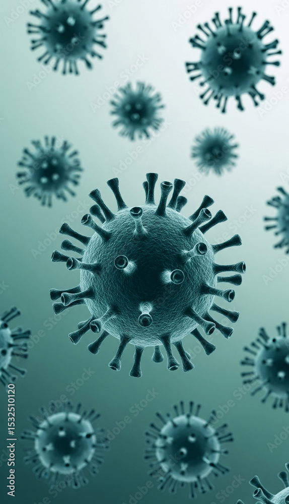 Poster Microscopic view of teal virus particles, showcasing their spiky structure and three-dimensional form, representing a scientific or medical concept