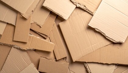 A textured background showcases various irregularly shaped pieces of brown corrugated cardboard scattered randomly, creating a layered and abstract composition.