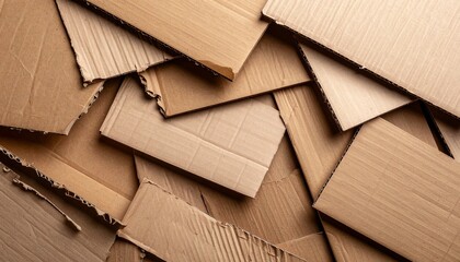 Various pieces of corrugated cardboard are scattered randomly, creating a textured and abstract composition, showcasing shades of brown and beige in a close-up shot.