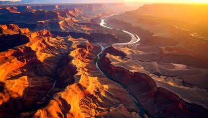 An aerial view captures the majesty of the Grand Canyon as the Colorado River winds its way through the vast canyon du the warm glow of a sunset, creating a breathtaking vista.