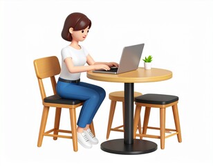 a woman working remotely from a café, laptop open, coffee beside her, on pastel background with text space