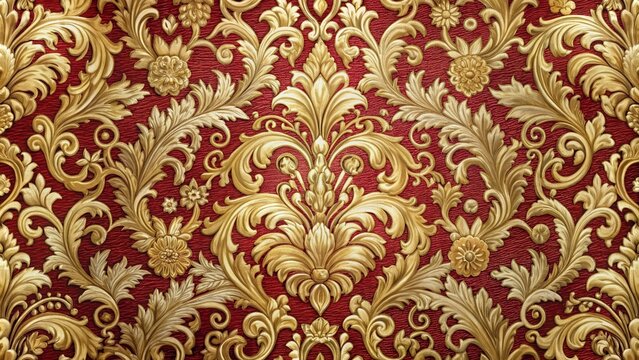 Ornate damask fabric with intricate Baroque-style patterns and gold thread embroidery, intricate, decorative