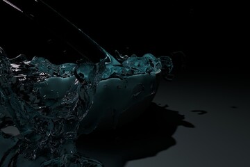 3d render of clear water flowing into bowl in low key setting