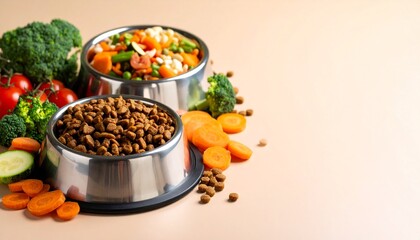 Two bowls, one with dry dog food and the other with cooked vegetables, including broccoli and carrots, displayed on a beige background, ideal for pet food ads.