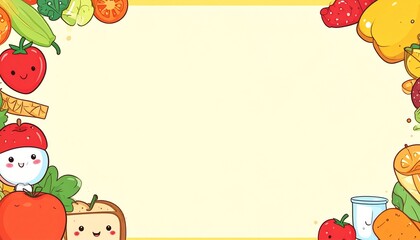 Adorable cartoon food characters happily border a pale yellow frame featu fresh fruits and vegetables, creating a cheerful and inviting design for any project.