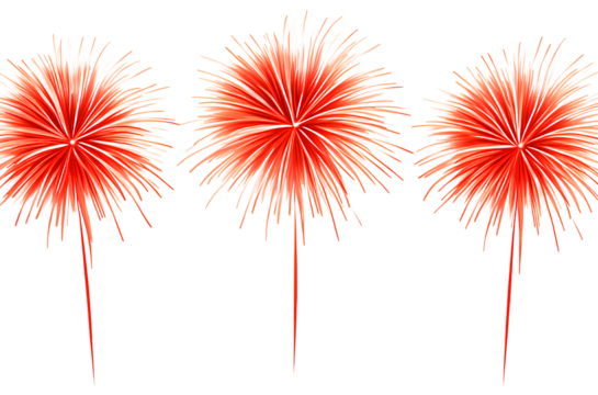 3 red firework clip art, white background, vector illustration, simple lines, no shadows or highlights, no shading 