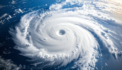 A massive hurricane swirls above the Earth, its intense spiral of clouds revealing the storm's power as it churns over the ocean from a vantage point in space.