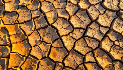 Arid cracked earth displays a stark visual representation of drought and climate change with intricate patterns under the sun's harsh glare revealing desolation.