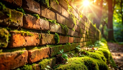Sunlight streams over a weathered brick wall, adorned with vibrant green moss and small plants, creating a natural textured landscape in a serene forest setting.