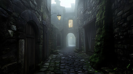 Mysterious foggy alley with stone walls and arched doorways at night