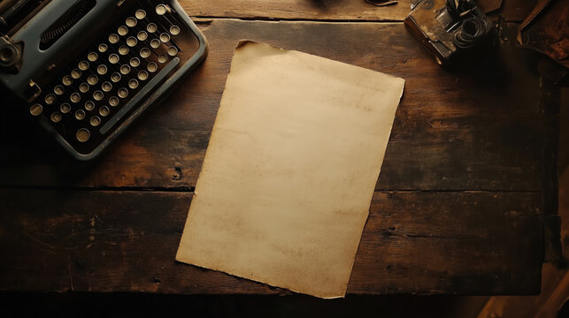 An aged empty parchment paper on rustic desk with  a broken vintage typewriter - Powered by Adobe
