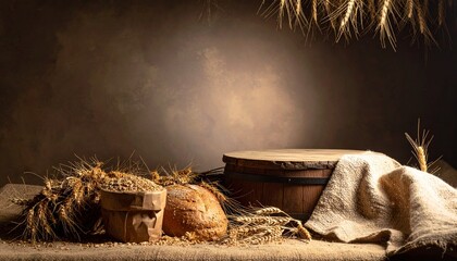 Rustic still life presents freshly baked bread, wheat stalks, a wooden barrel, and burlap cloth against a dimly lit brown backdrop creating a warm, inviting scene.