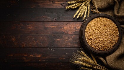 Golden wheat grains fill a rustic wooden bowl placed on a burlap sack against a dark wooden surface, framed by wheat stalks in a warm, inviting scene.