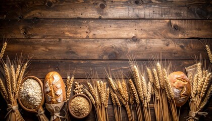 Rustic bakery still life features wheat stalks, flour, grain, and freshly baked loafs of bread arranged artistically on a weathered, dark wooden surface.