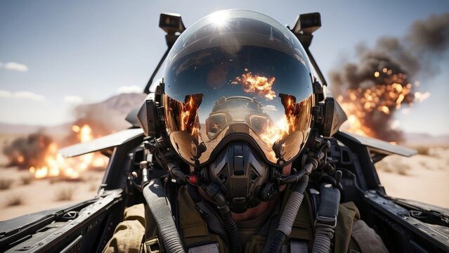 "Jet Fighter Pilot POV During Combat Explosion in Desert Battlefield"