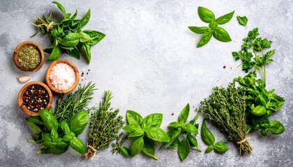 An assortment of fresh culinary herbs are arranged beautifully on a textured gray surface creating a visually appealing frame for food photography or design work.